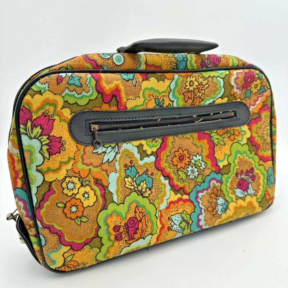 VTG Floral Suitcase 60's 70's Flower Power Retro Paisley Suit Case Made in Japan